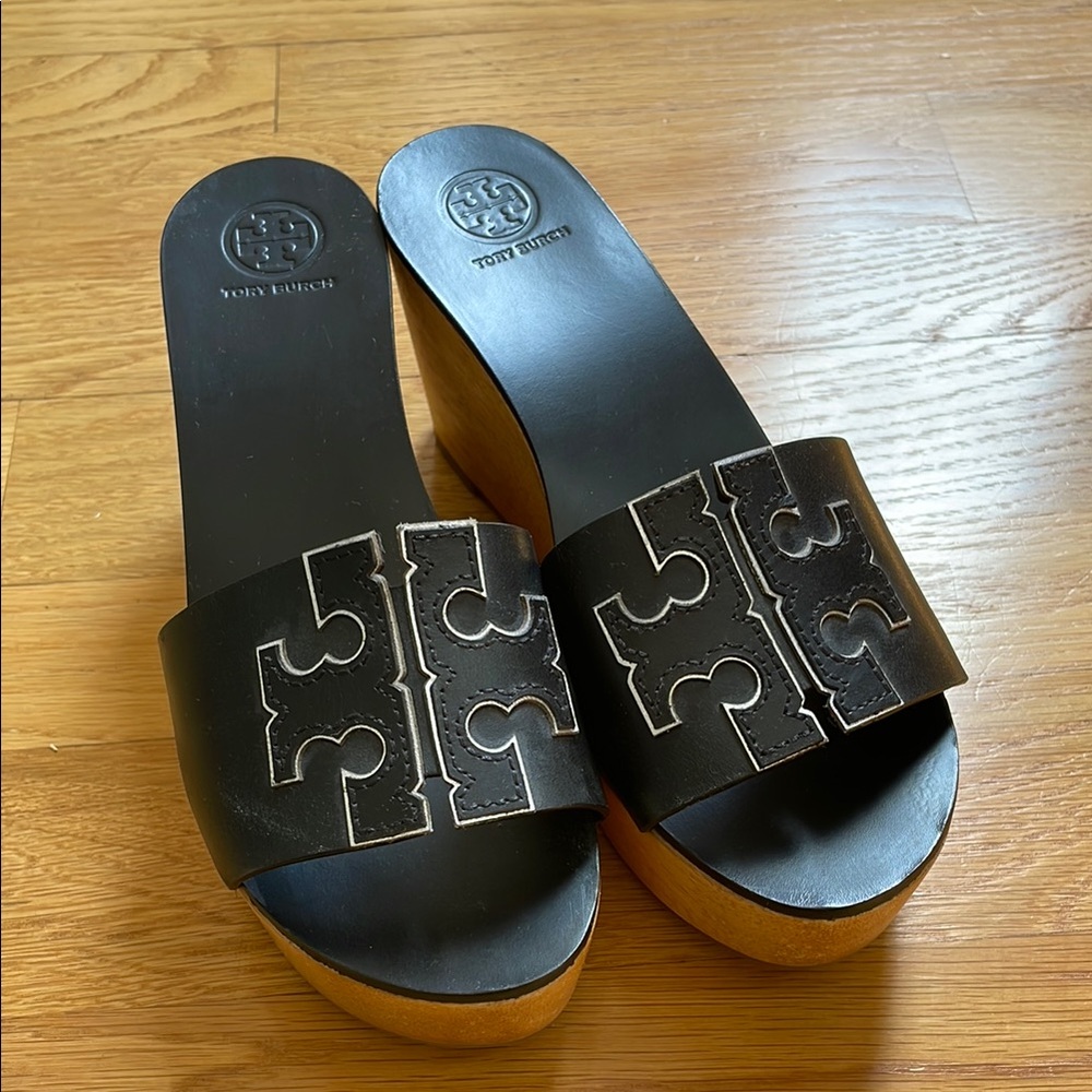 Tory Burch Black and Brown Wedge Sandals
